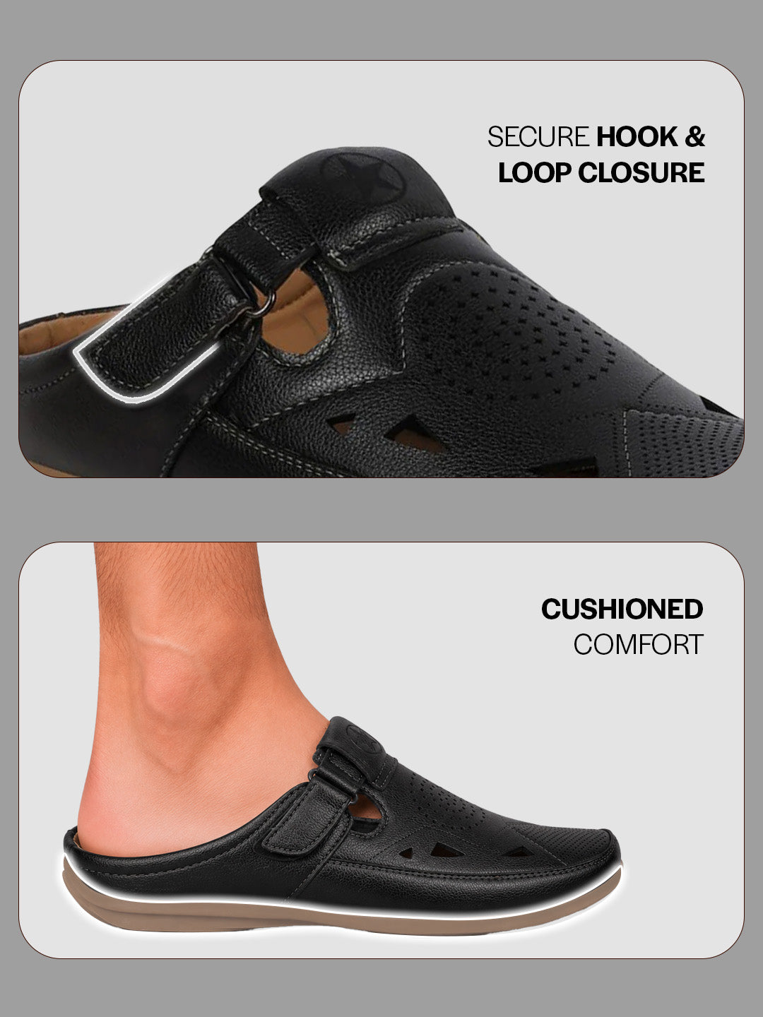 shop men black back open perforated breathable contrast sole casual sandal|adujstable strap stitched slip on sandal online.