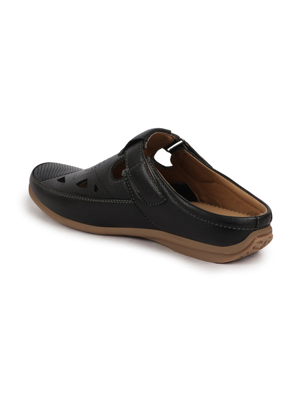 Shop Men Black Back Open Perforated Breathable Contrast Sole Casual Sandal|Adujstable Strap Stitched Slip On Sandal Online.
