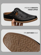 shop men black back open perforated breathable contrast sole casual sandal|adujstable strap stitched slip on sandal online.