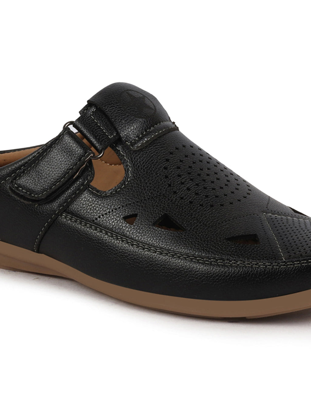 Shop Men Black Back Open Perforated Breathable Contrast Sole Casual Sandal|Adujstable Strap Stitched Slip On Sandal Online.