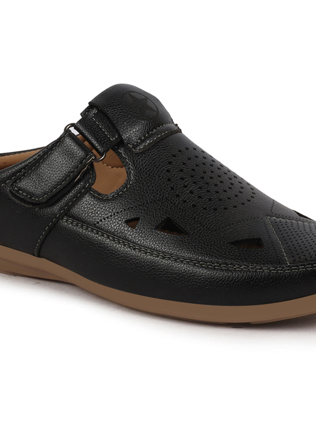 Shop Men Black Back Open Perforated Breathable Contrast Sole Casual Sandal|Adujstable Strap Stitched Slip On Sandal Online.
