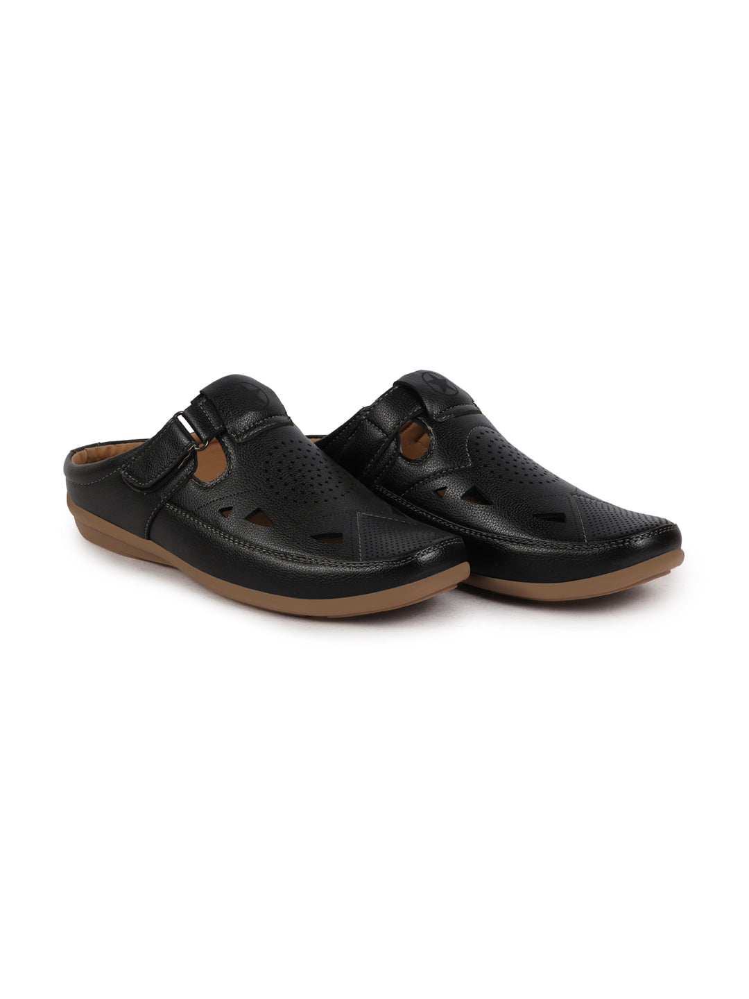 Shop Men Black Back Open Perforated Breathable Contrast Sole Casual Sandal|Adujstable Strap Stitched Slip On Sandal Online.