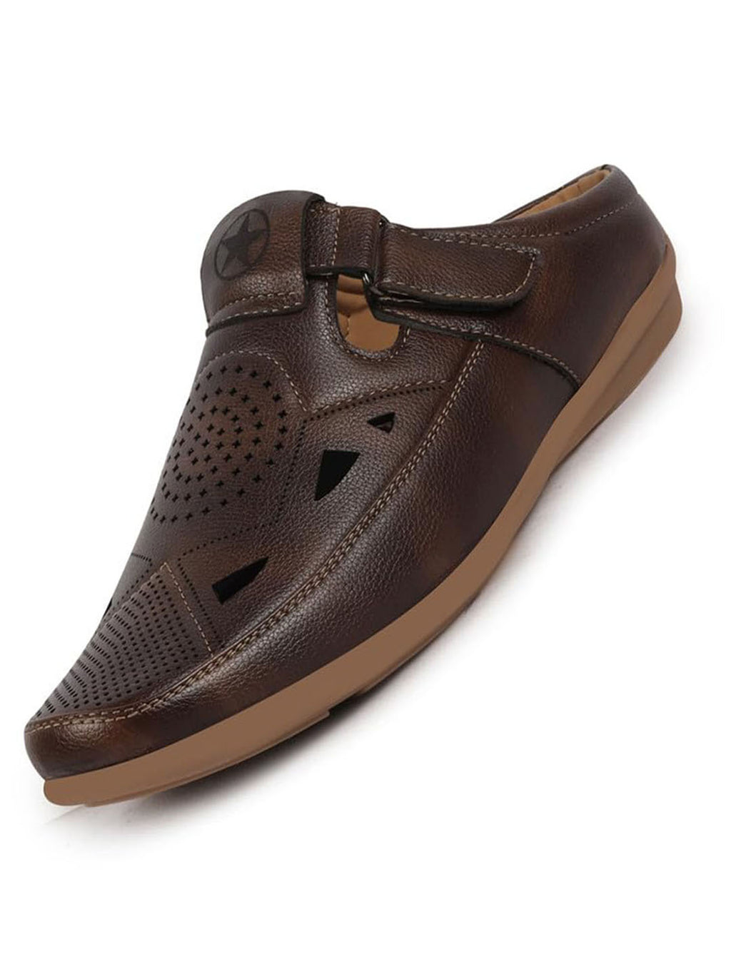 Men Brown Back Open Perforated Breathable Contrast Sole Casual Sandal|Adujstable Strap Stitched Slip On Sandal