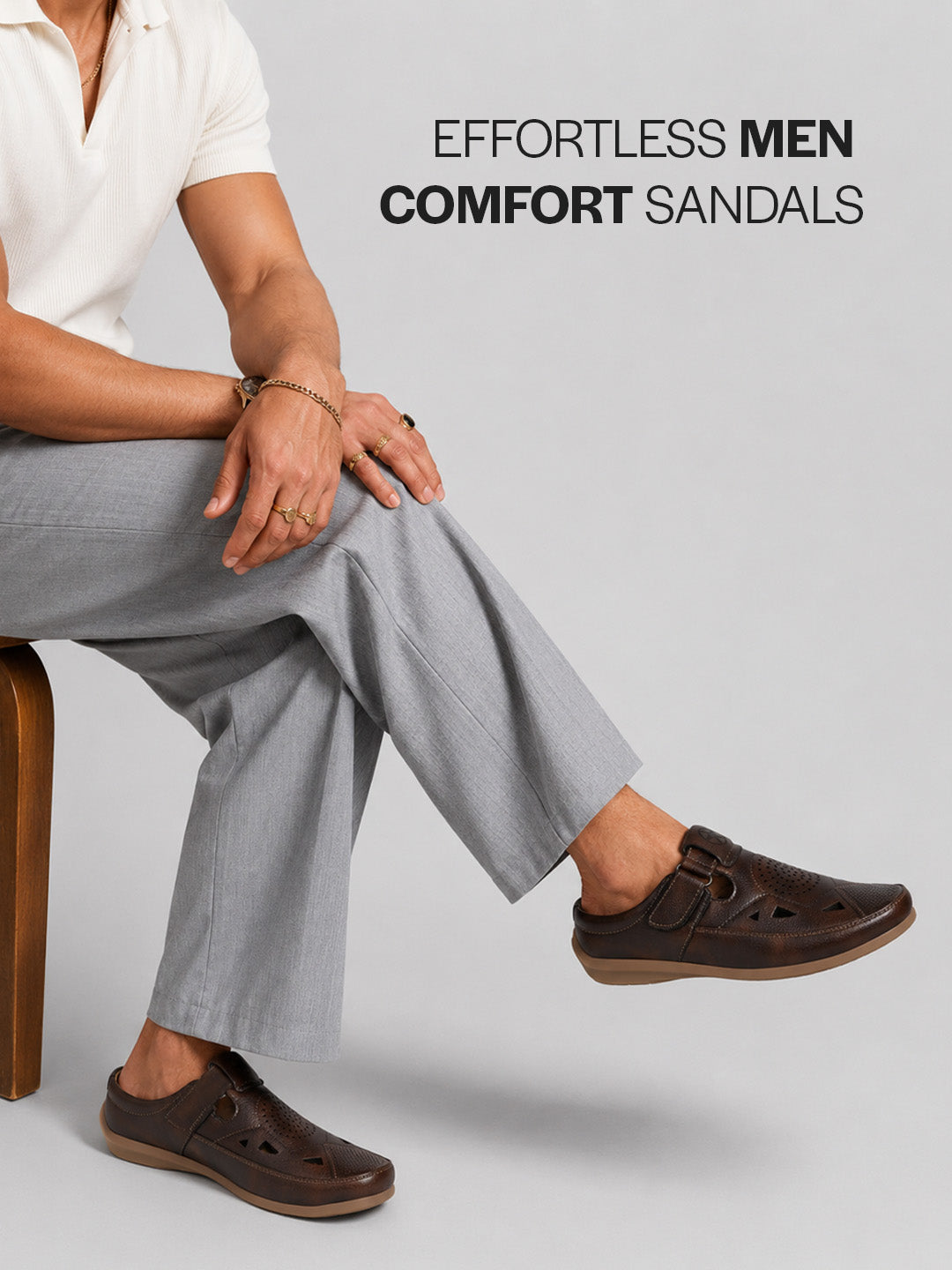 men brown back open perforated breathable contrast sole casual sandal|adujstable strap stitched slip on sandal