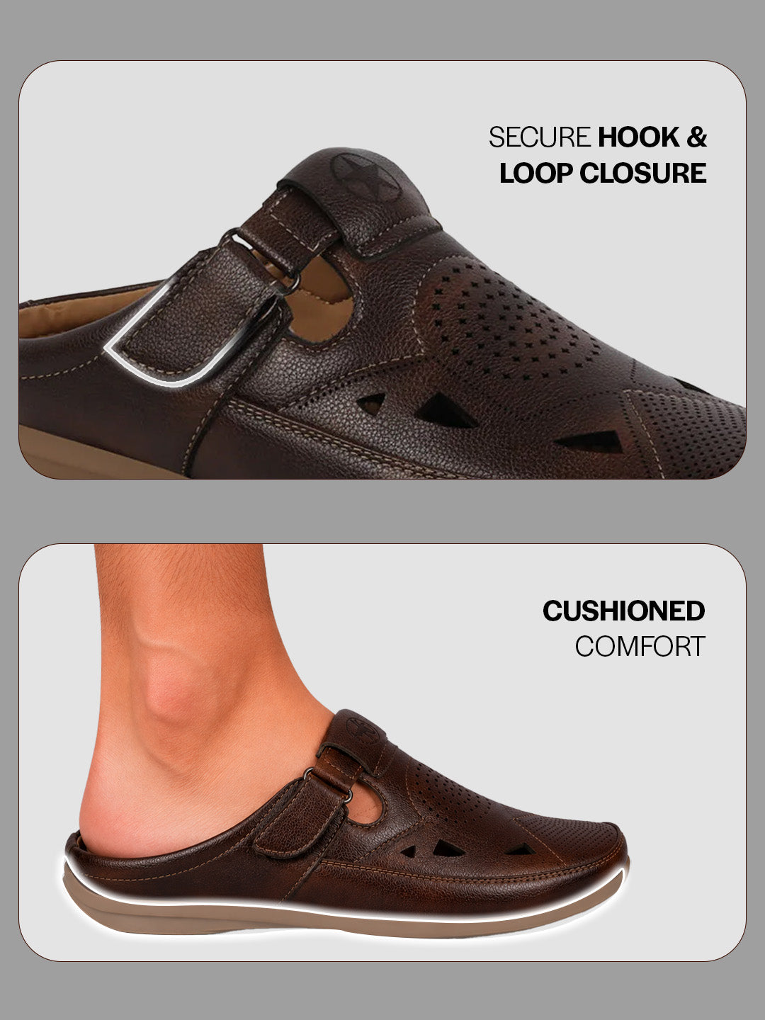 men brown back open perforated breathable contrast sole casual sandal|adujstable strap stitched slip on sandal