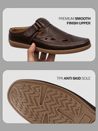 men brown back open perforated breathable contrast sole casual sandal|adujstable strap stitched slip on sandal