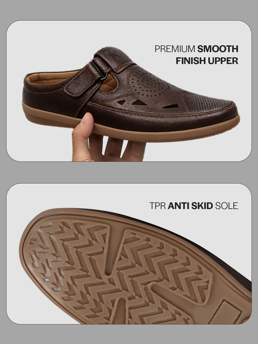 men brown back open perforated breathable contrast sole casual sandal|adujstable strap stitched slip on sandal