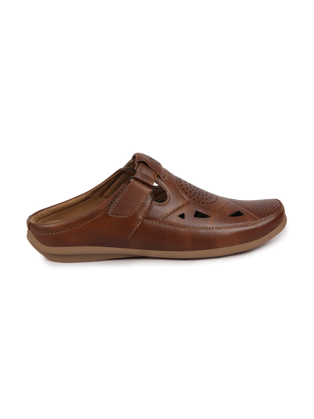 Shop Men Tan Back Open Perforated Breathable Contrast Sole Casual Sandal|Adujstable Strap Stitched Slip On Sandal Online.