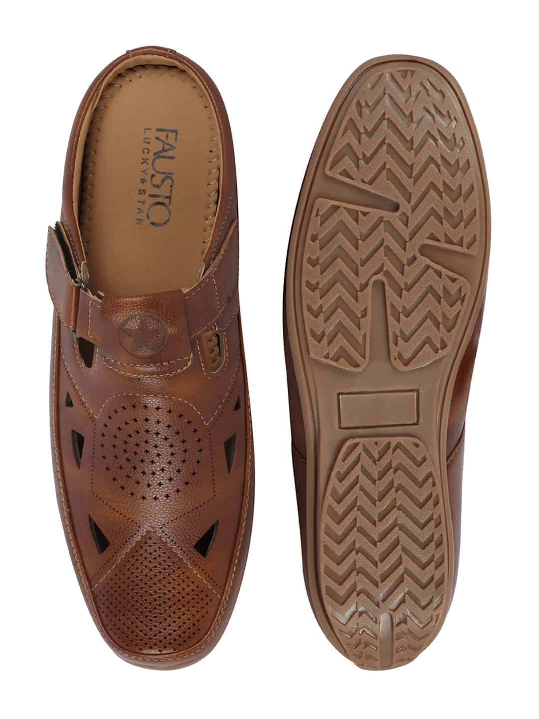 Shop Men Tan Back Open Perforated Breathable Contrast Sole Casual Sandal|Adujstable Strap Stitched Slip On Sandal Online.
