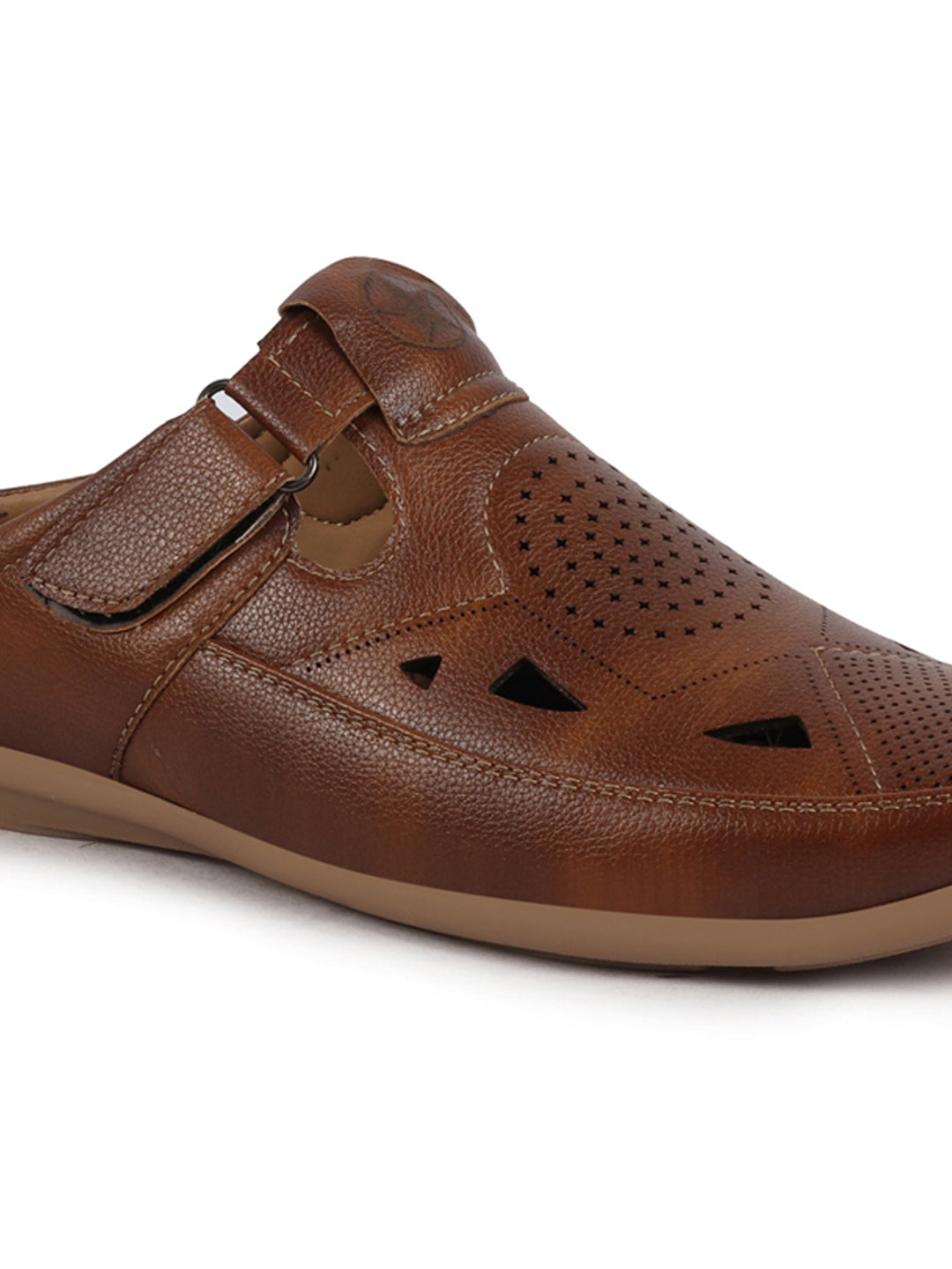Shop Men Tan Back Open Perforated Breathable Contrast Sole Casual Sandal|Adujstable Strap Stitched Slip On Sandal Online.