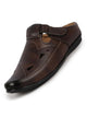 Men Brown Back Open Perforated Breathable Formal Sandal|Adujstable Strap Stitched Slip On Sandal