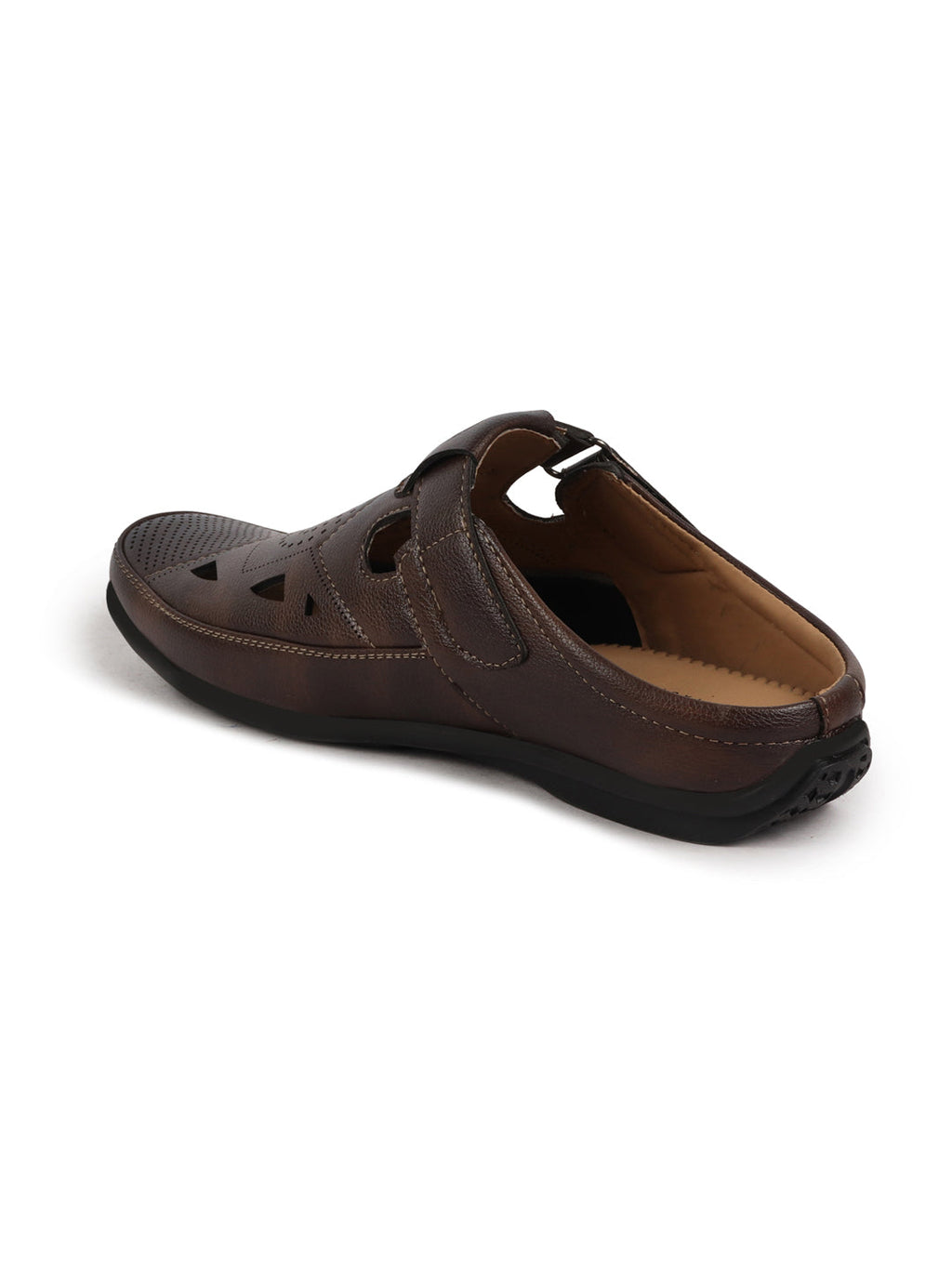Shop Men Brown Back Open Perforated Breathable Formal Sandal|Adujstable Strap Stitched Slip On Sandal Online.
