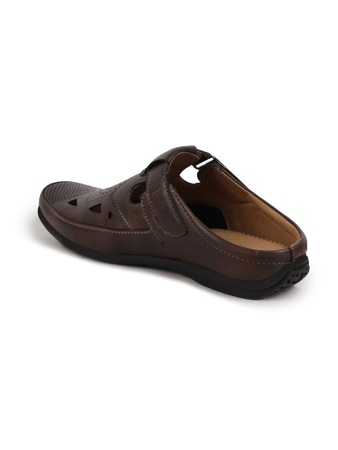 Shop Men Brown Back Open Perforated Breathable Formal Sandal|Adujstable Strap Stitched Slip On Sandal Online.