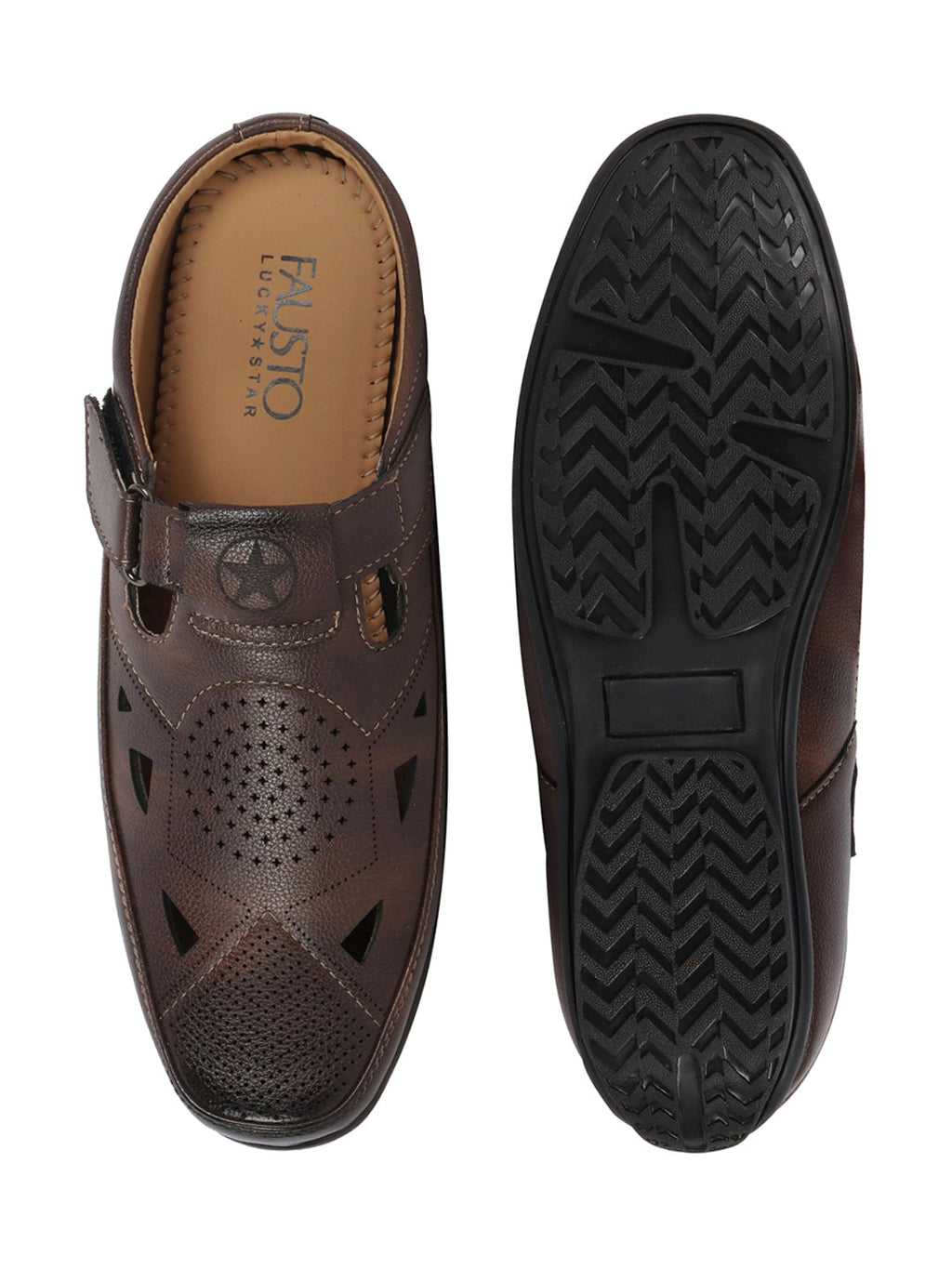 Shop Men Brown Back Open Perforated Breathable Formal Sandal|Adujstable Strap Stitched Slip On Sandal Online.