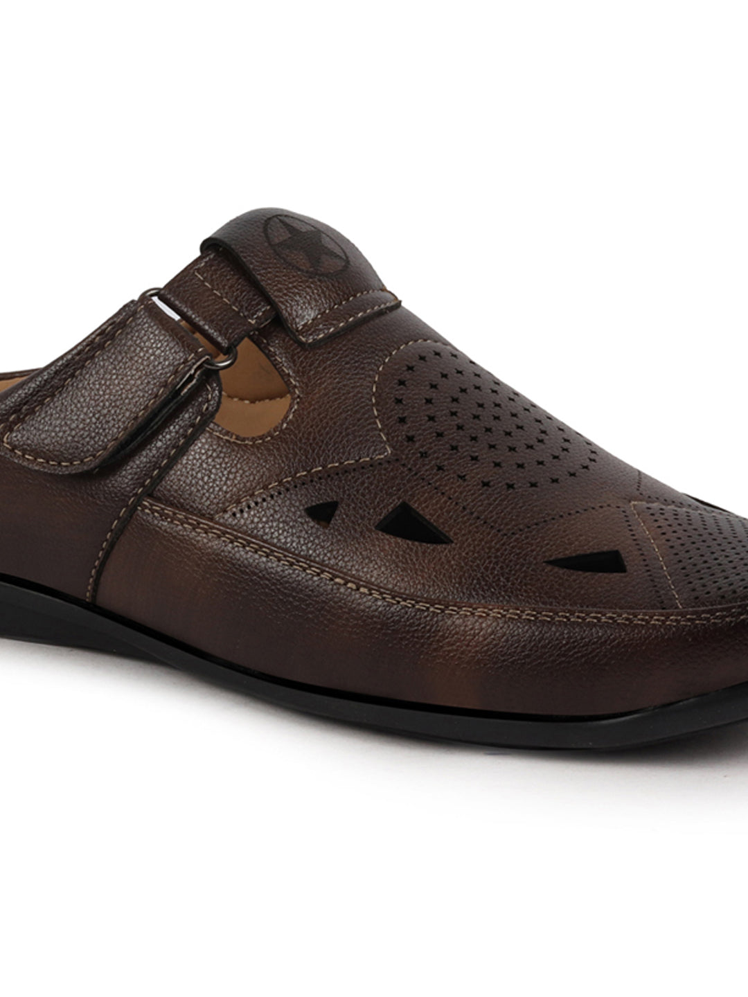 Shop Men Brown Back Open Perforated Breathable Formal Sandal|Adujstable Strap Stitched Slip On Sandal Online.