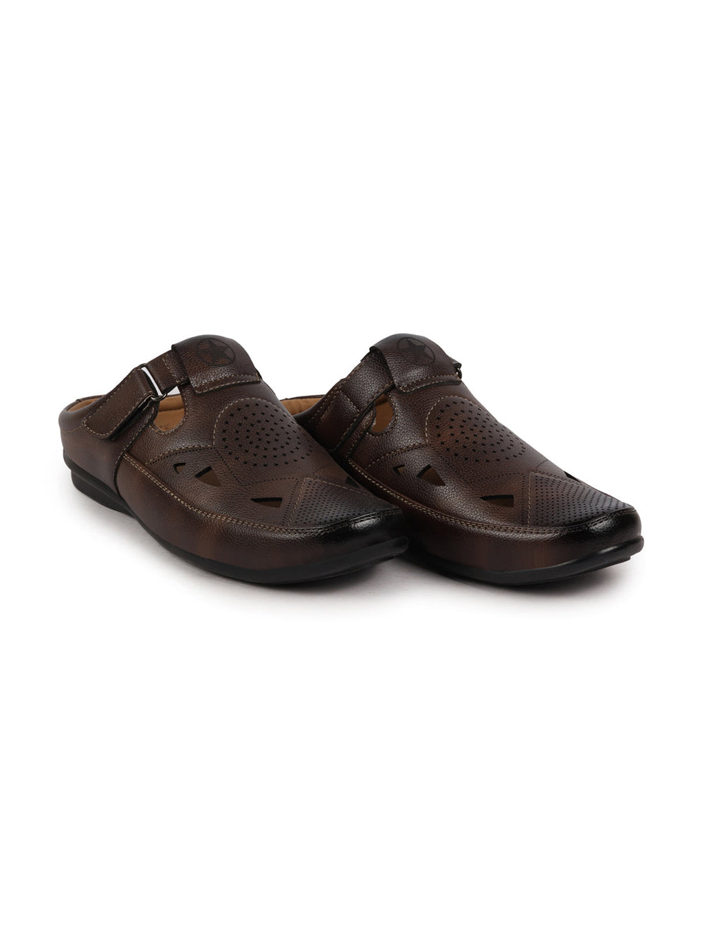 Shop Men Brown Back Open Perforated Breathable Formal Sandal|Adujstable Strap Stitched Slip On Sandal Online.