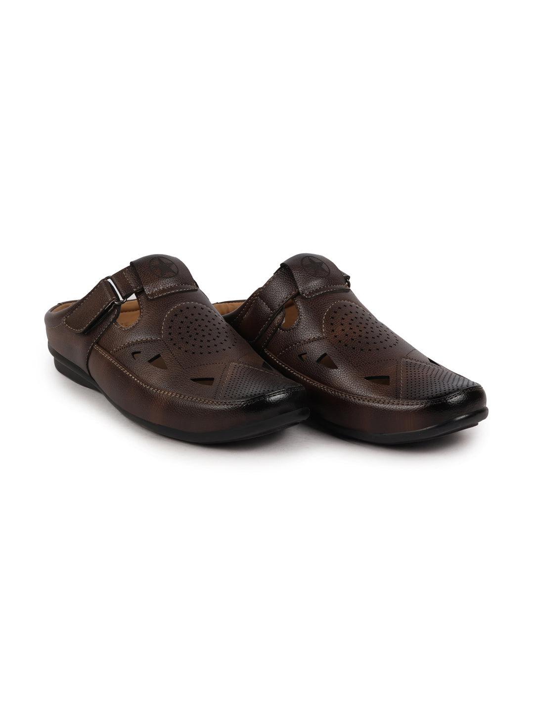 Shop Men Brown Back Open Perforated Breathable Formal Sandal|Adujstable Strap Stitched Slip On Sandal Online.
