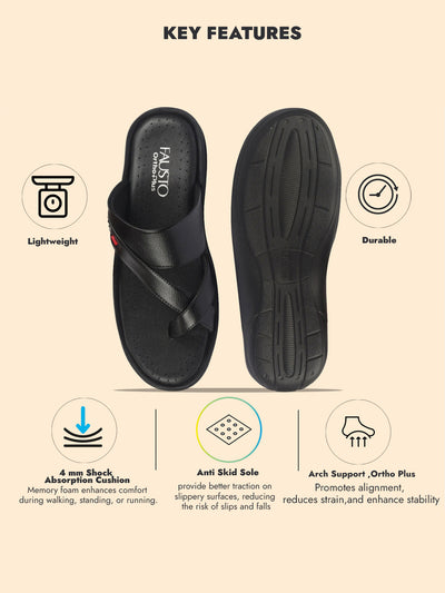 FAUSTO Men Black Toe Ring Flat Dress Slipper With Memory Cushioned|Multi Strap Slipper For Evening|Slippers For Kurta