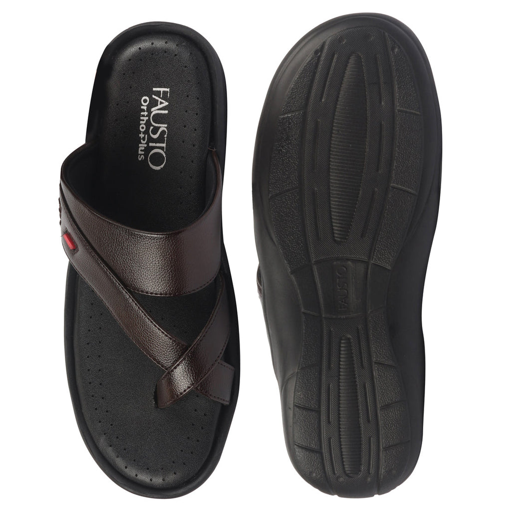 fausto men brown toe ring flat dress slipper with memory cushioned|multi strap slipper for evening|slippers for kurta
