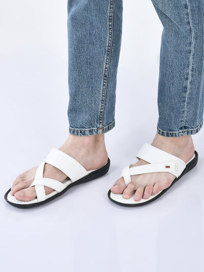 fausto men white toe ring flat dress slipper with memory cushioned|multi strap slipper for evening|slippers for kurta