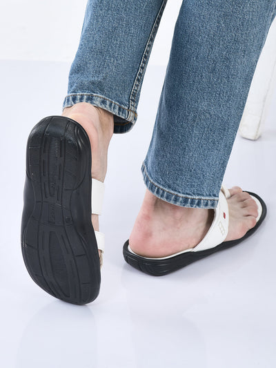 fausto men white toe ring flat dress slipper with memory cushioned|multi strap slipper for evening|slippers for kurta