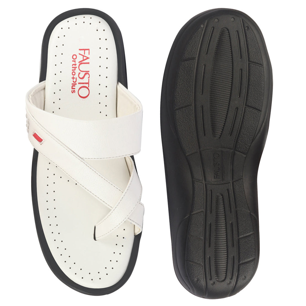 fausto men white toe ring flat dress slipper with memory cushioned|multi strap slipper for evening|slippers for kurta
