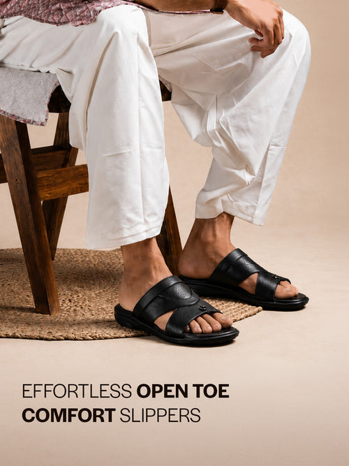 shop fausto men black open toe broad feet slipper with memory cushion|comfortable gents slipper|sandals for kurta online.