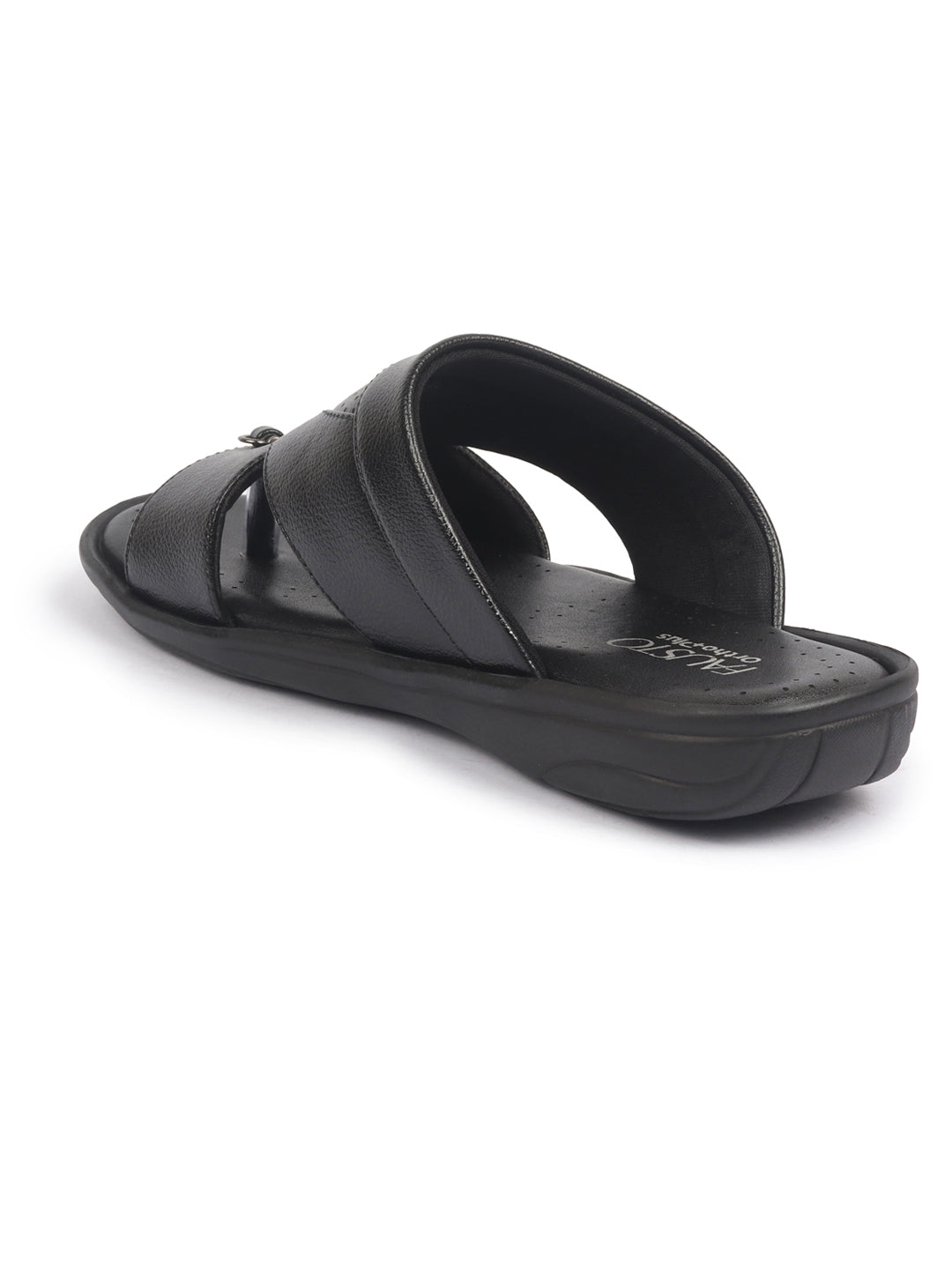 shop fausto men black open toe broad feet slipper with memory cushion|comfortable gents slipper|sandals for kurta online.