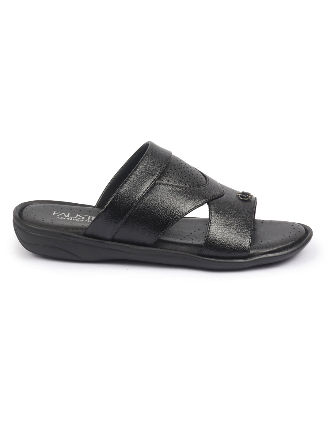 shop fausto men black open toe broad feet slipper with memory cushion|comfortable gents slipper|sandals for kurta online.