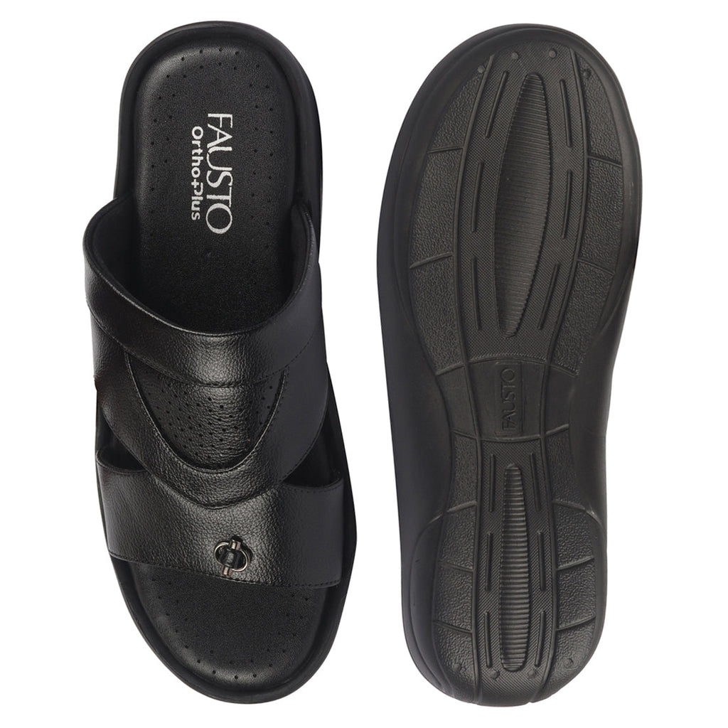 shop fausto men black open toe broad feet slipper with memory cushion|comfortable gents slipper|sandals for kurta online.