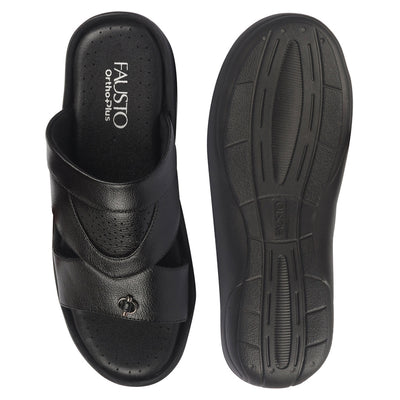 Shop FAUSTO Men Black Open Toe Broad Feet Slipper With Memory Cushion|Comfortable Gents Slipper|Sandals For Kurta Online.