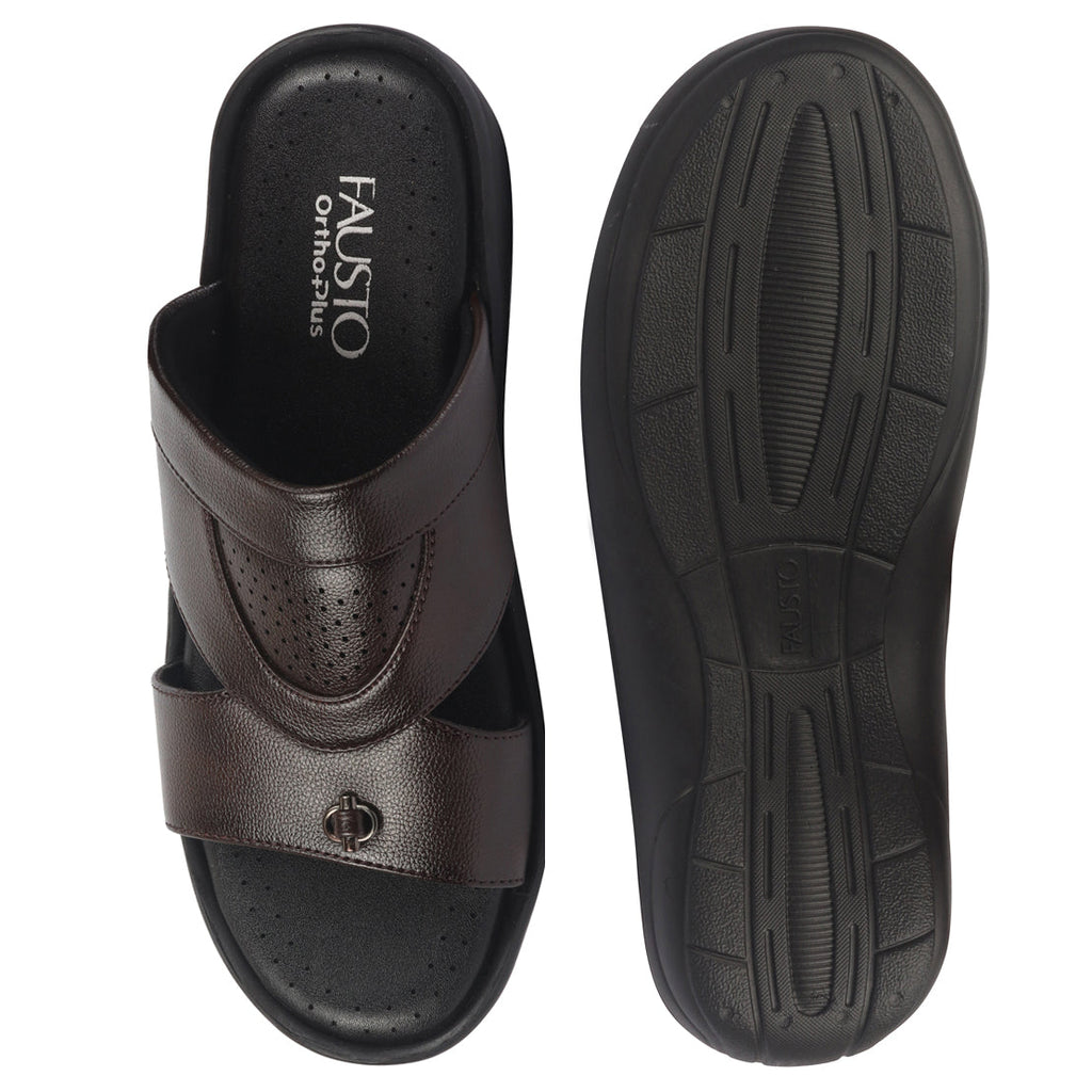 fausto men brown open toe broad feet slipper with memory cushion|comfortable gents slipper|sandals for kurta