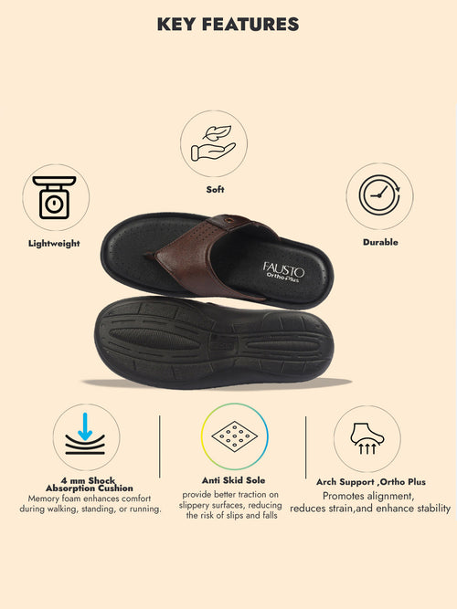 Men Tan T-Strap Flip-Flop Slippers With Memory Cushion|Outdoor Slipper For Men