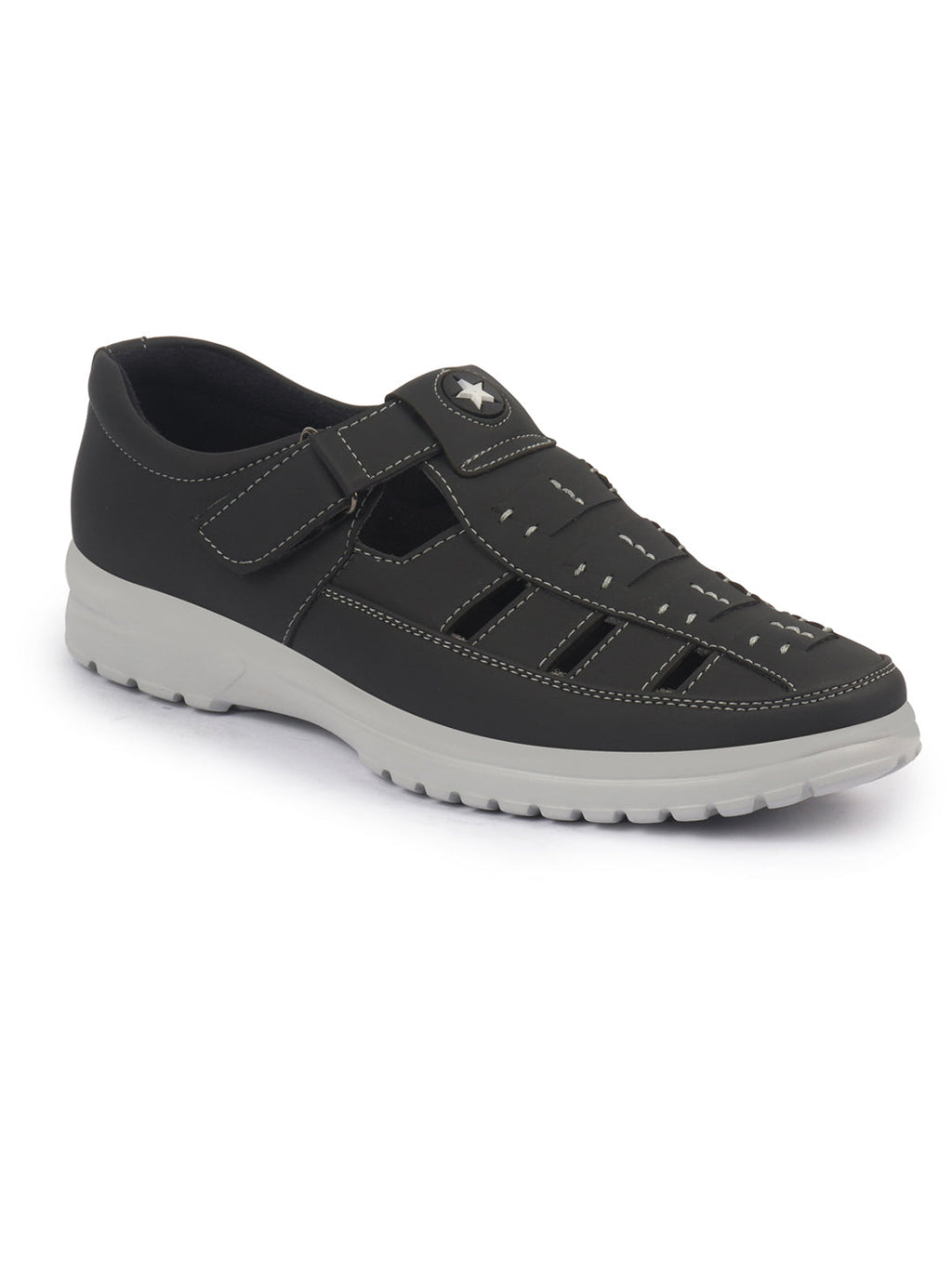 Shop FAUSTO Men Black Feather Light EVA Sole Shoe Style Comfortable Dress Sandal With Memory Cushion|Stitched Hook & Loop Sandal For Work|Evening|Festive Online.