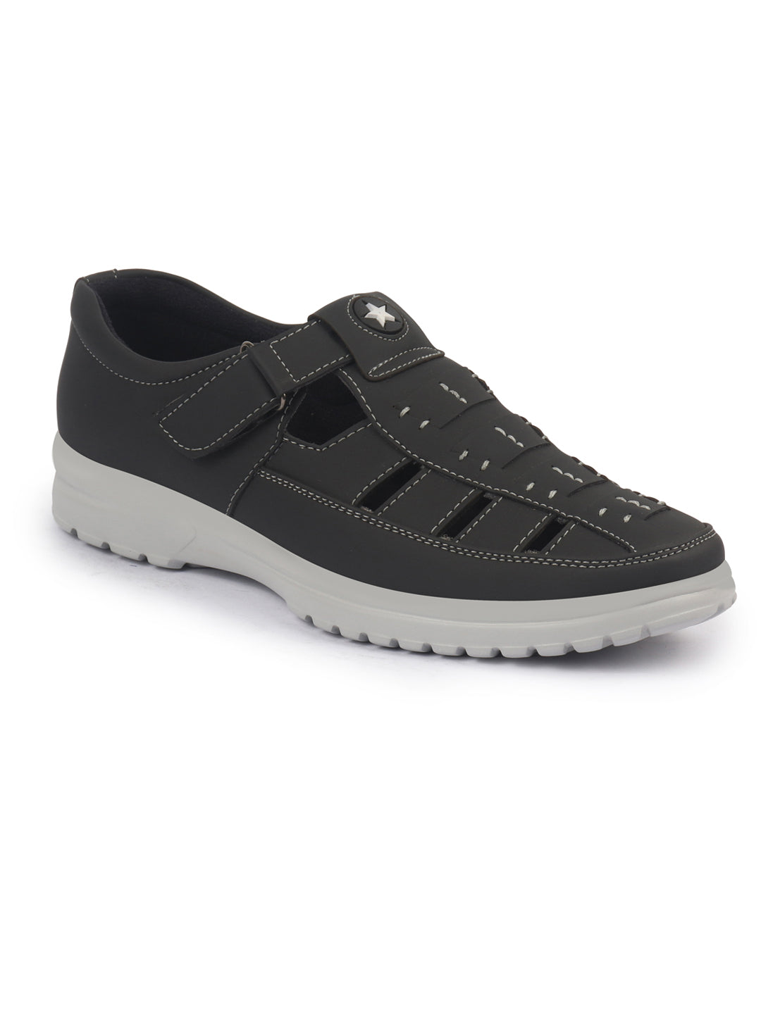Shop FAUSTO Men Black Feather Light EVA Sole Shoe Style Comfortable Dress Sandal With Memory Cushion|Stitched Hook & Loop Sandal For Work|Evening|Festive Online.