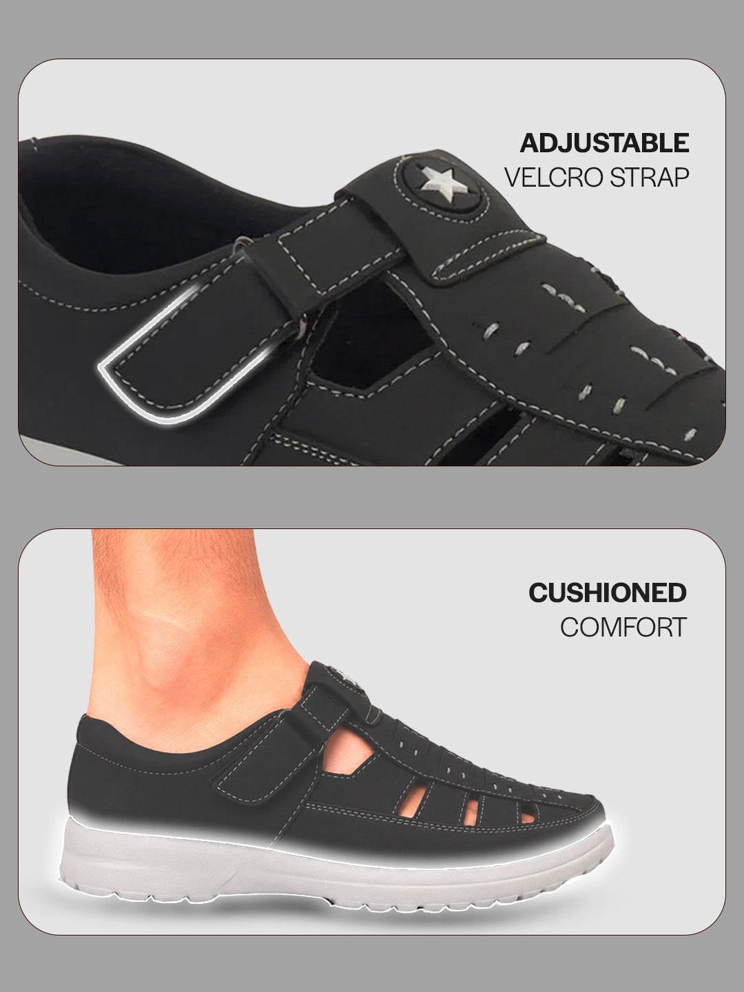 FAUSTO Men Black Feather Light EVA Sole Shoe Style Comfortable Dress Sandal With Memory Cushion|Stitched Hook & Loop Sandal For Work|Evening|Festive