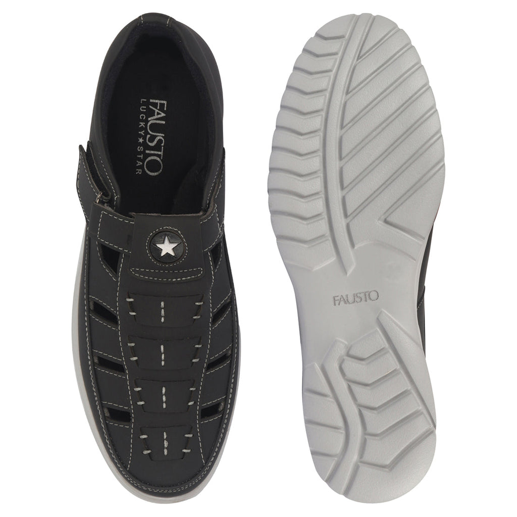 Shop FAUSTO Men Black Feather Light EVA Sole Shoe Style Comfortable Dress Sandal With Memory Cushion|Stitched Hook & Loop Sandal For Work|Evening|Festive Online.
