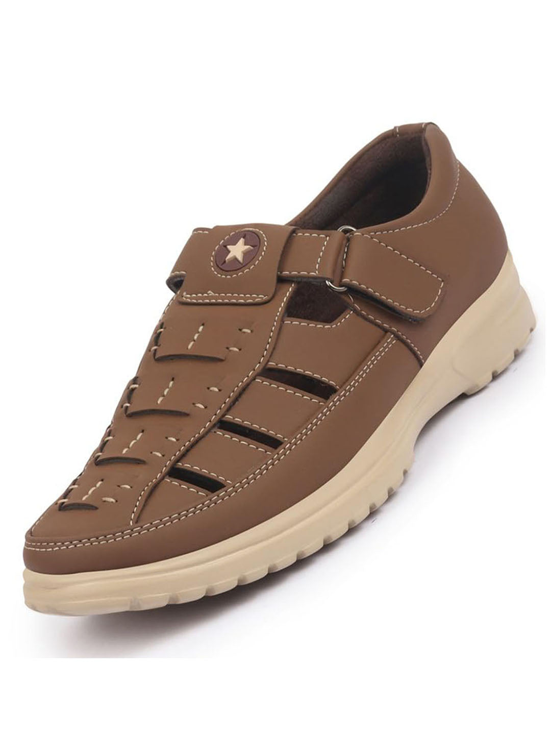 FAUSTO Men Camel Feather Light EVA Sole Shoe Style Comfortable Dress Sandal With Memory Cushion|Stitched Hook & Loop Sandal For Work|Evening|Festive