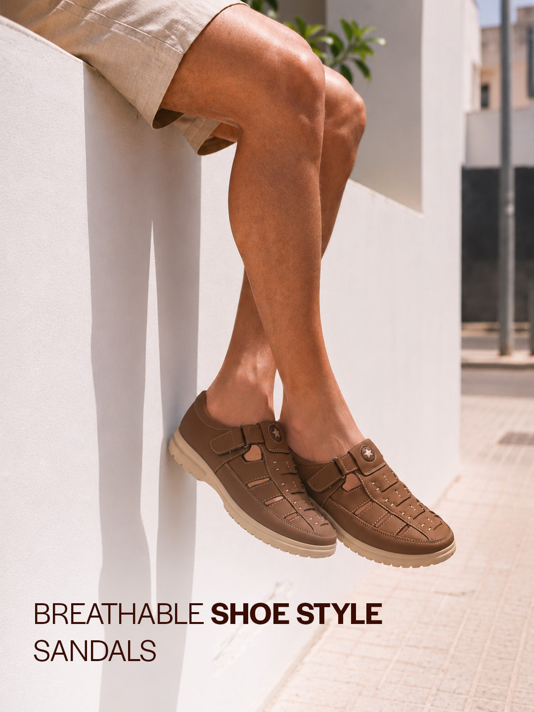 FAUSTO Men Camel Feather Light EVA Sole Shoe Style Comfortable Dress Sandal With Memory Cushion|Stitched Hook & Loop Sandal For Work|Evening|Festive