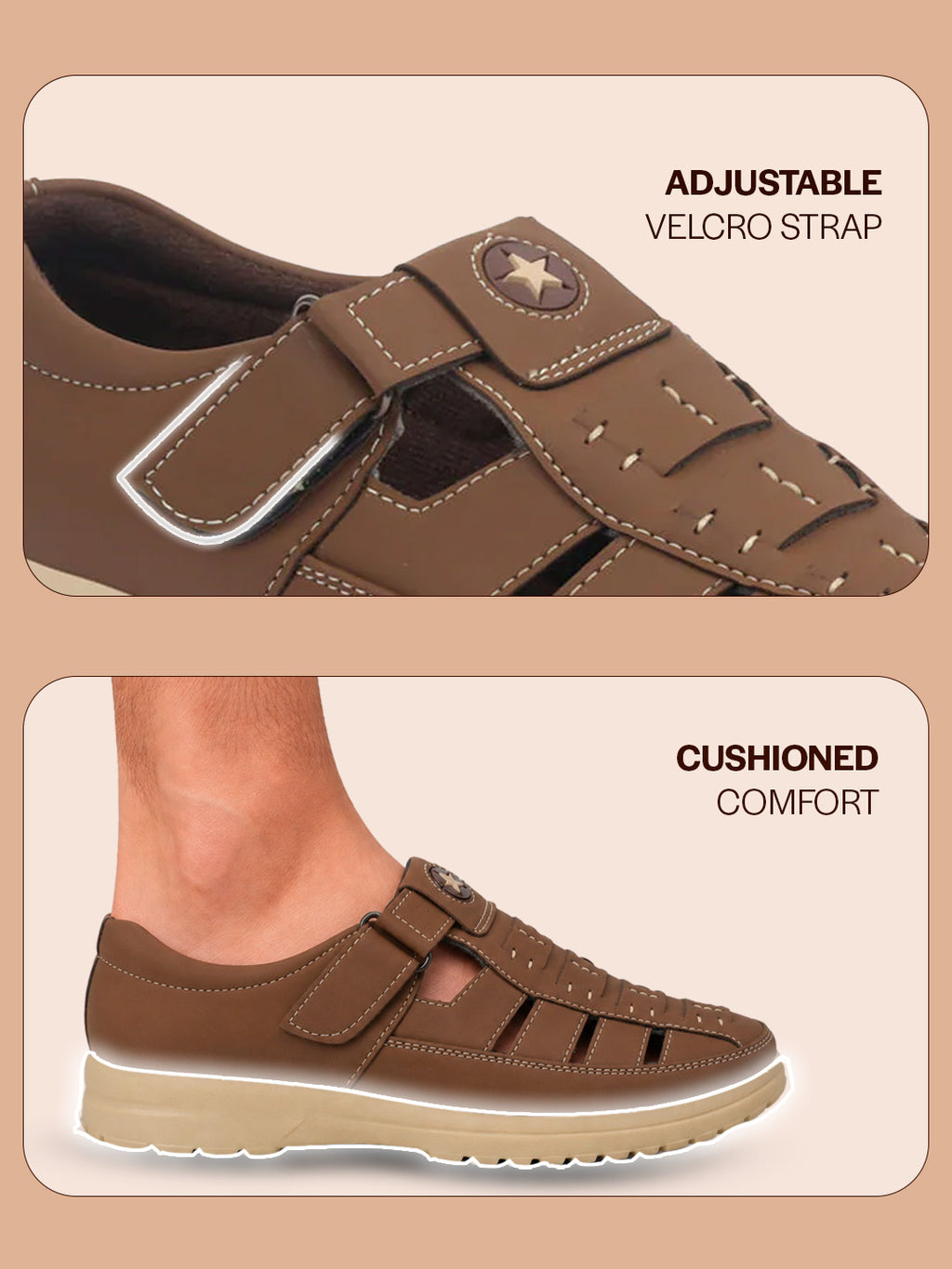 FAUSTO Men Camel Feather Light EVA Sole Shoe Style Comfortable Dress Sandal With Memory Cushion|Stitched Hook & Loop Sandal For Work|Evening|Festive