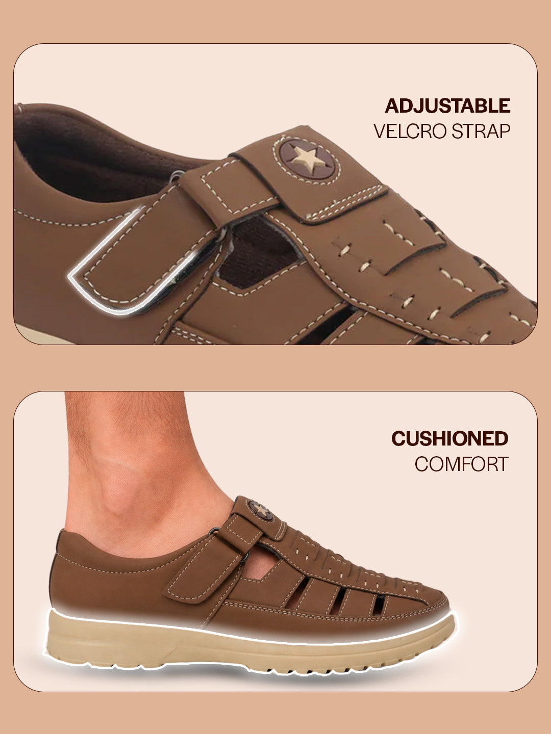 FAUSTO Men Camel Feather Light EVA Sole Shoe Style Comfortable Dress Sandal With Memory Cushion|Stitched Hook & Loop Sandal For Work|Evening|Festive