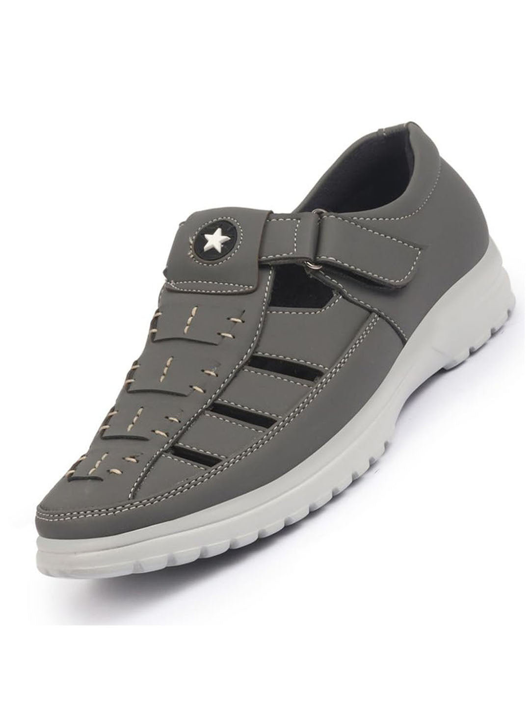 Shop FAUSTO Men Grey Feather Light EVA Sole Shoe Style Comfortable Dress Sandal With Memory Cushion|Stitched Hook & Loop Sandal For Work|Evening|Festive Online.