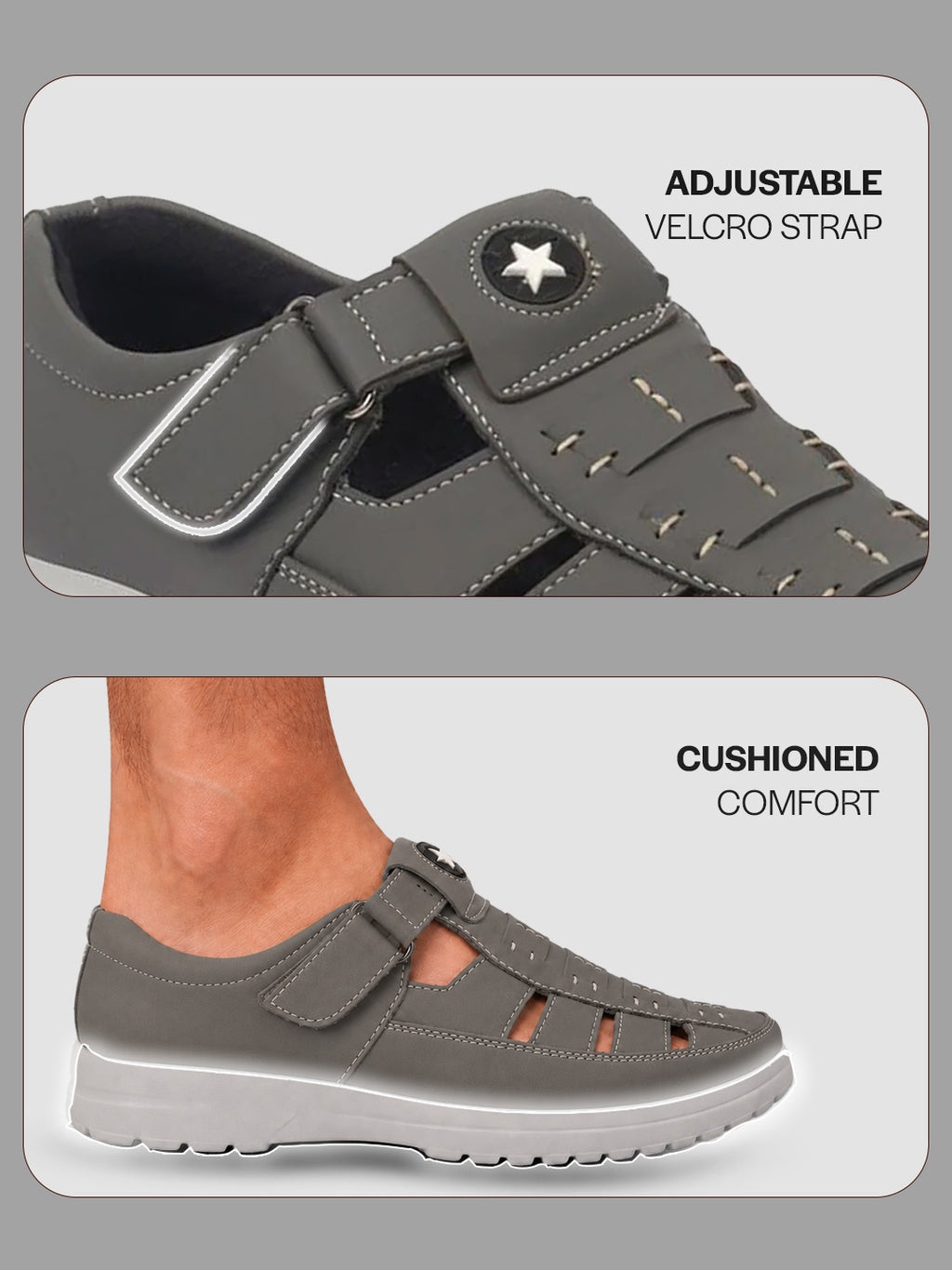 FAUSTO Men Grey Feather Light EVA Sole Shoe Style Comfortable Dress Sandal With Memory Cushion|Stitched Hook & Loop Sandal For Work|Evening|Festive