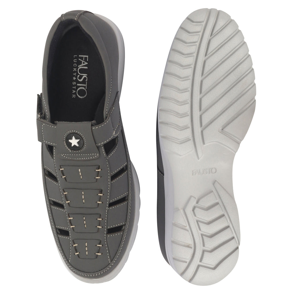 Shop FAUSTO Men Grey Feather Light EVA Sole Shoe Style Comfortable Dress Sandal With Memory Cushion|Stitched Hook & Loop Sandal For Work|Evening|Festive Online.