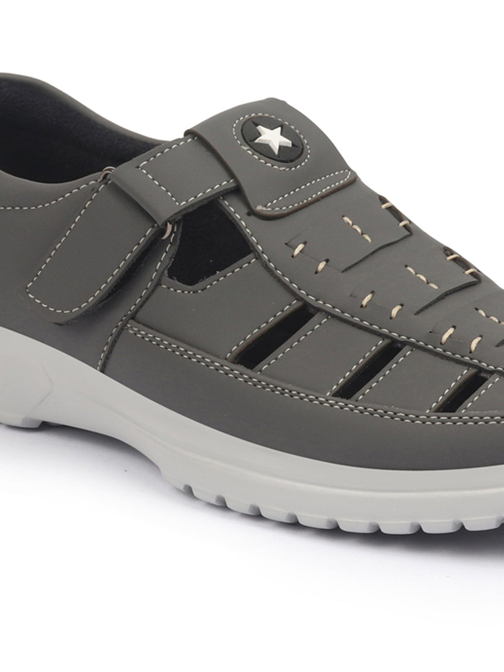 FAUSTO Men Grey Feather Light EVA Sole Shoe Style Comfortable Dress Sandal With Memory Cushion|Stitched Hook & Loop Sandal For Work|Evening|Festive