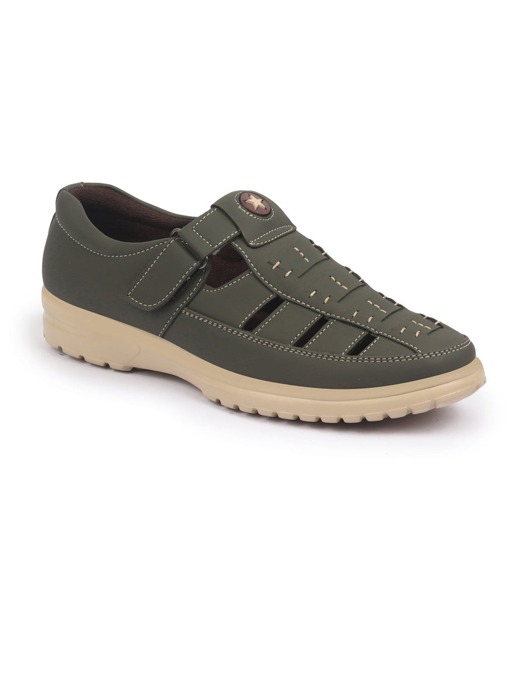 Shop FAUSTO Men Olive Feather Light EVA Sole Shoe Style Comfortable Dress Sandal With Memory Cushion|Stitched Hook & Loop Sandal For Work|Evening|Festive Online.