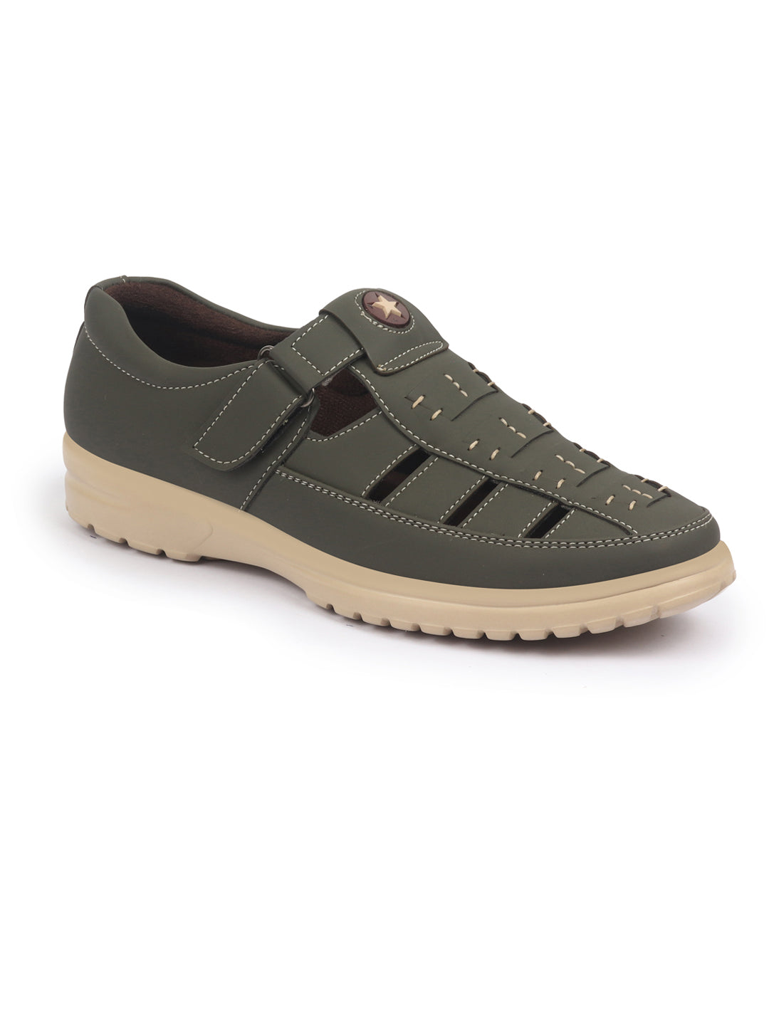 Shop FAUSTO Men Olive Feather Light EVA Sole Shoe Style Comfortable Dress Sandal With Memory Cushion|Stitched Hook & Loop Sandal For Work|Evening|Festive Online.