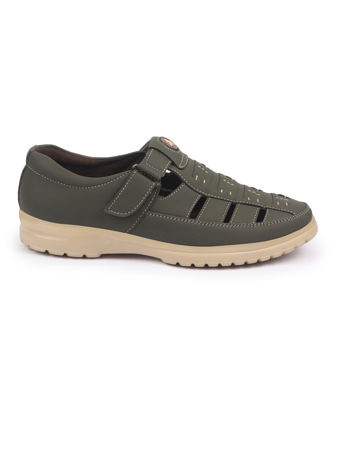 Shop FAUSTO Men Olive Feather Light EVA Sole Shoe Style Comfortable Dress Sandal With Memory Cushion|Stitched Hook & Loop Sandal For Work|Evening|Festive Online.