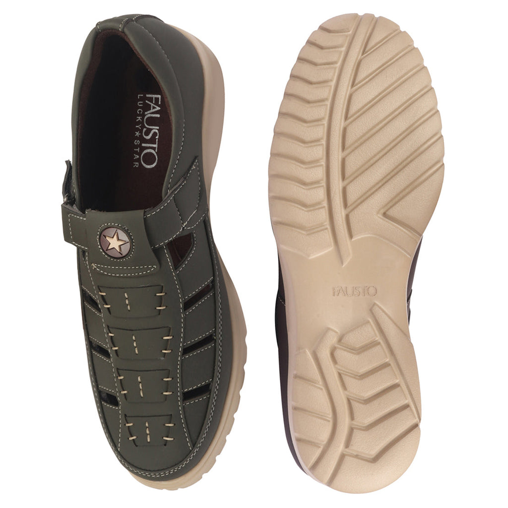 Shop FAUSTO Men Olive Feather Light EVA Sole Shoe Style Comfortable Dress Sandal With Memory Cushion|Stitched Hook & Loop Sandal For Work|Evening|Festive Online.