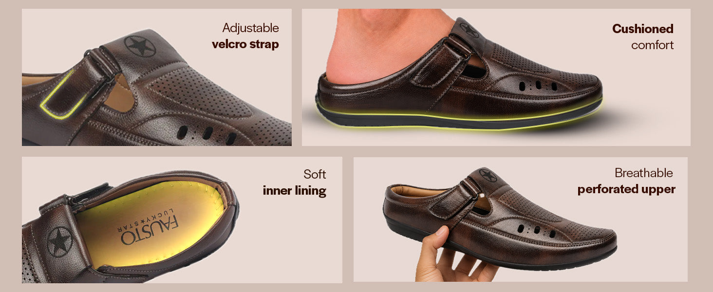 Men Tan Back Open Perforated Breathable Casual Sandal With Cushioned Footbed|Adujstable Strap Stitched Slip On Sandal For Work|Evening